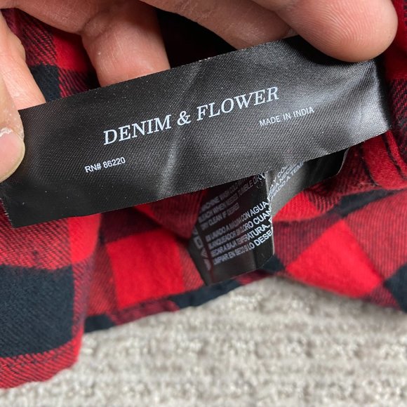 Denim & Flower Shirt Men Medium M Red Black Lumberjack Checkered Button Down - Picture 6 of 10